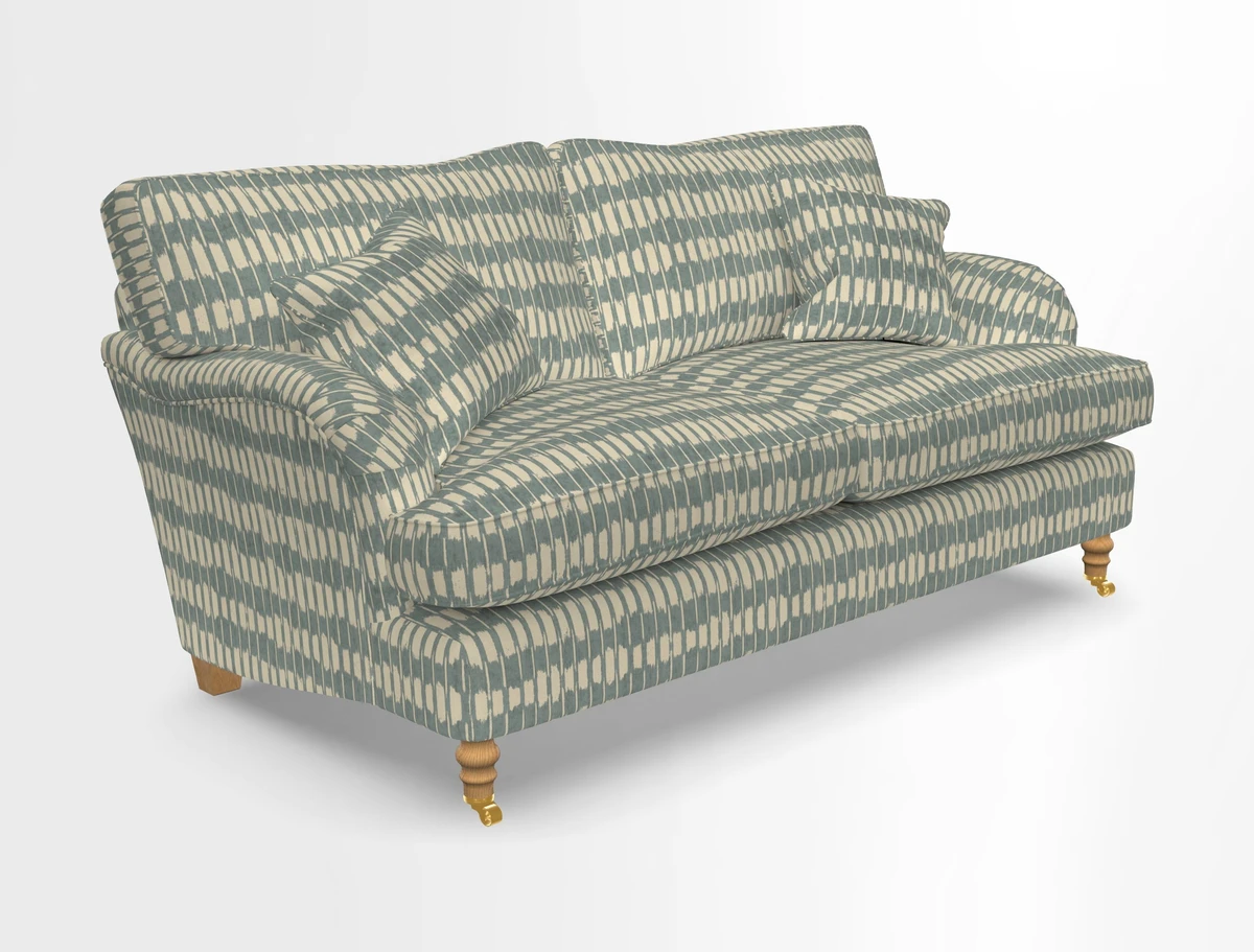 Alwinton 3 seater sofa in Ettas Stripe Moss with bolster cushion in Almost Plain Velvet Harvest
