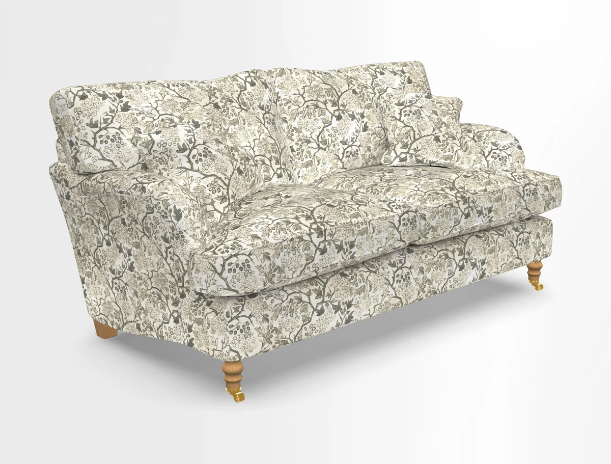Alwinton 3 seater sofa in Ettas Stripe Moss with bolster cushion in Almost Plain Velvet Harvest