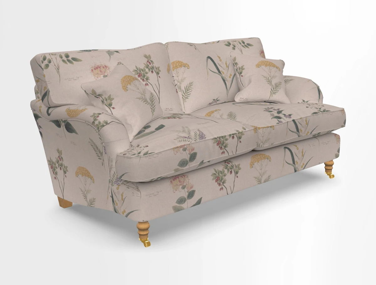 Alwinton 3 seater sofa in Ettas Stripe Moss with bolster cushion in Almost Plain Velvet Harvest