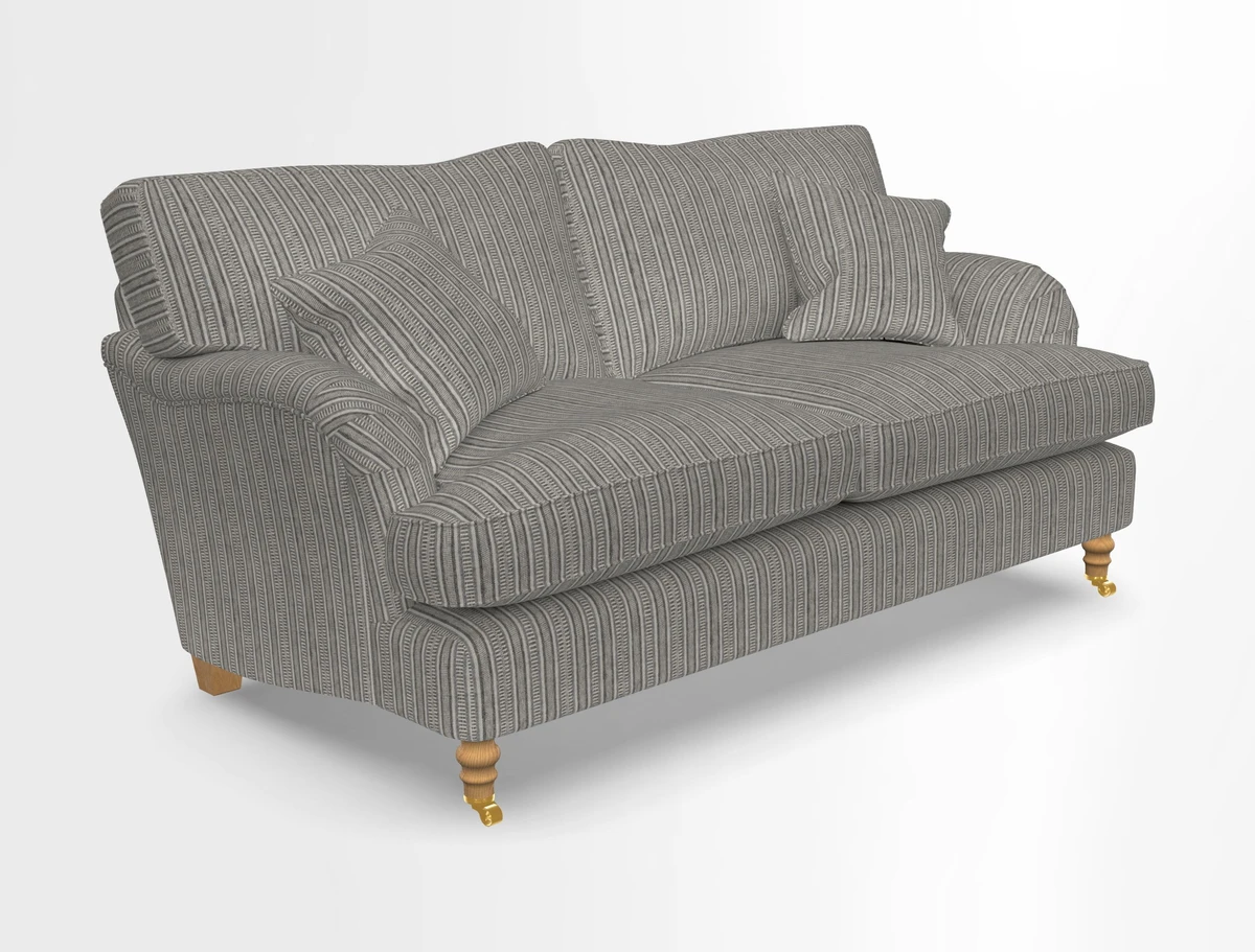 Alwinton 3 seater sofa in Ettas Stripe Moss with bolster cushion in Almost Plain Velvet Harvest