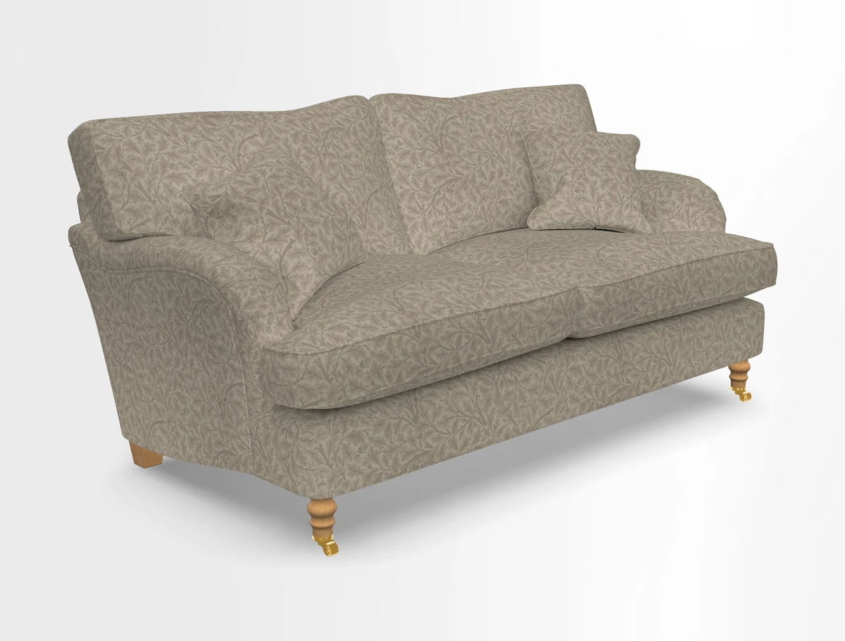 Alwinton 3 seater sofa in Ettas Stripe Moss with bolster cushion in Almost Plain Velvet Harvest