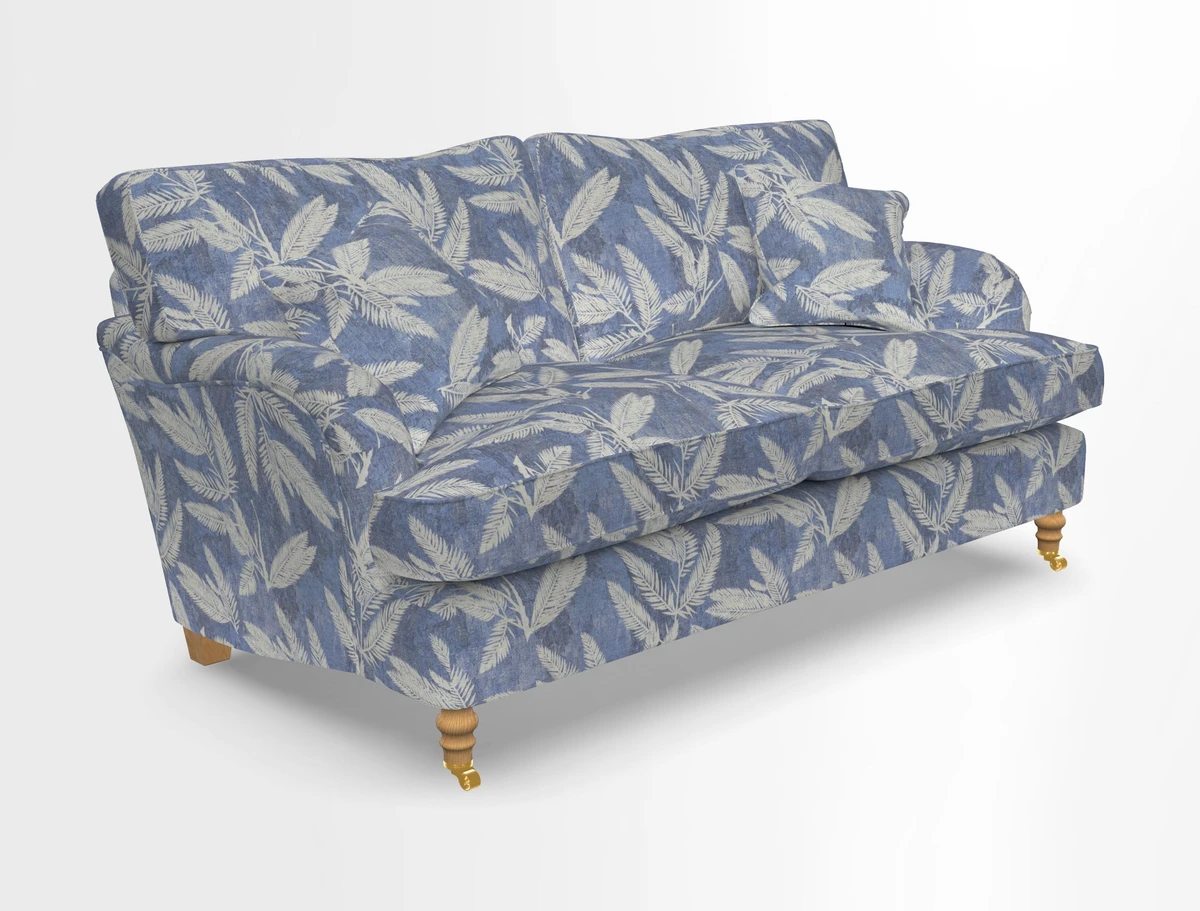 Alwinton 3 seater sofa in Ettas Stripe Moss with bolster cushion in Almost Plain Velvet Harvest