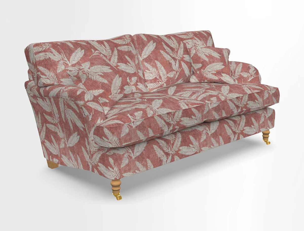 Alwinton 3 seater sofa in Ettas Stripe Moss with bolster cushion in Almost Plain Velvet Harvest