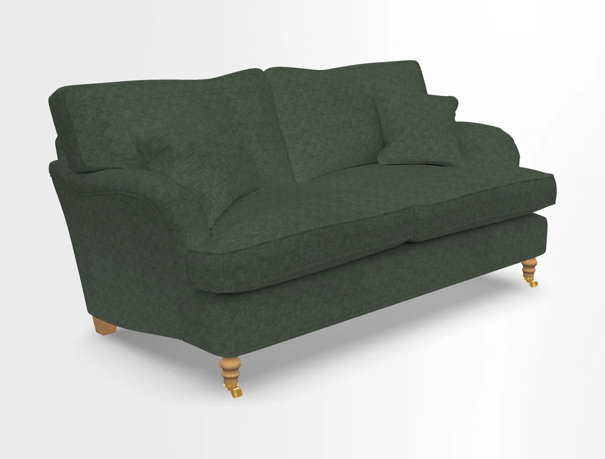 Alwinton 3 seater sofa in Ettas Stripe Moss with bolster cushion in Almost Plain Velvet Harvest