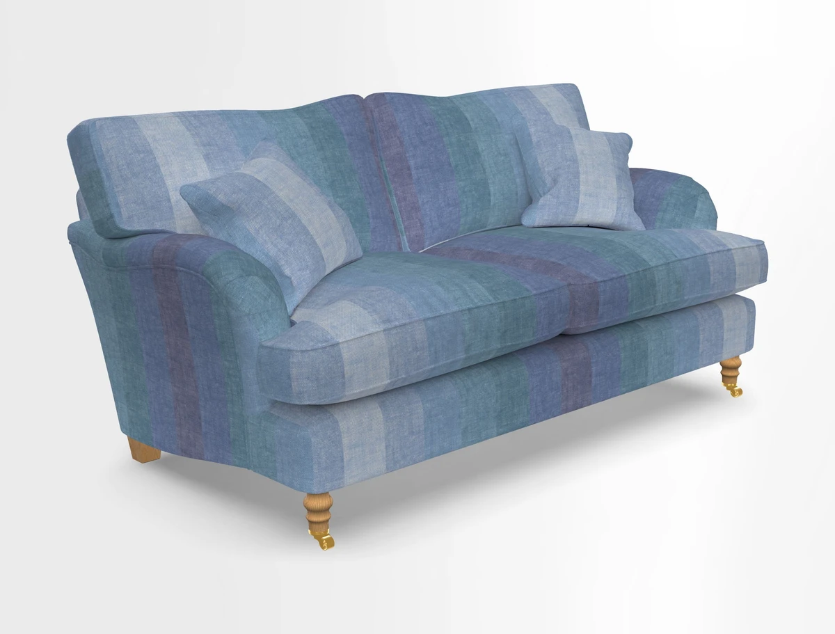 Alwinton 3 seater sofa in Ettas Stripe Moss with bolster cushion in Almost Plain Velvet Harvest