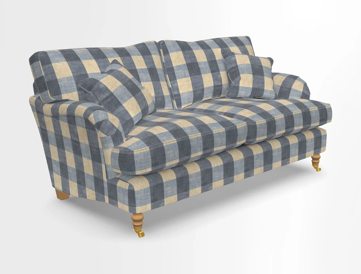 Alwinton 3 seater sofa in Ettas Stripe Moss with bolster cushion in Almost Plain Velvet Harvest