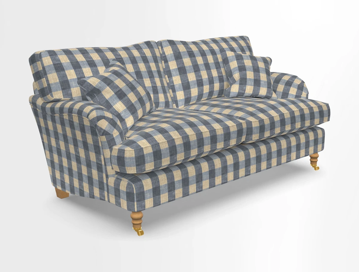 Alwinton 3 seater sofa in Ettas Stripe Moss with bolster cushion in Almost Plain Velvet Harvest