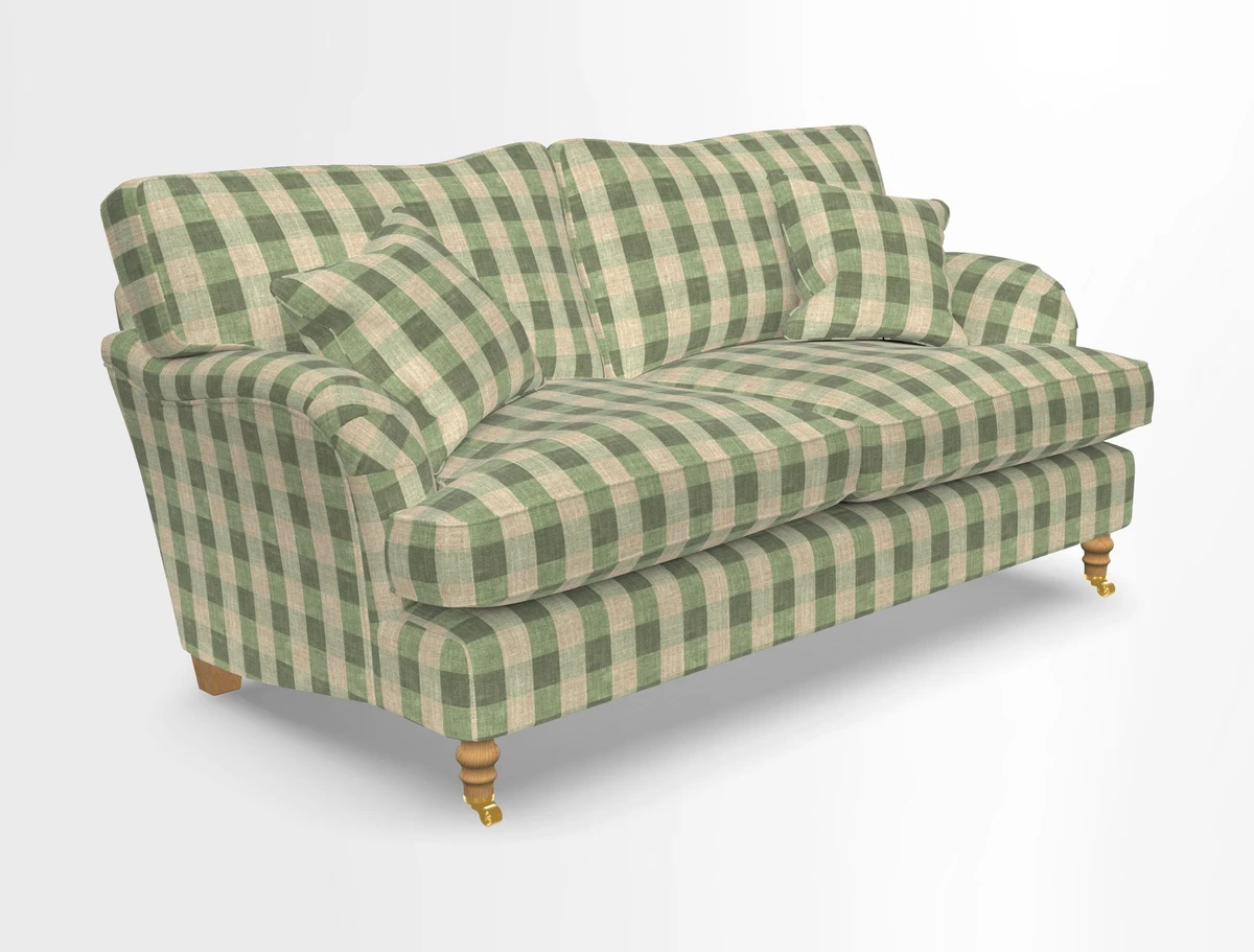Alwinton 3 seater sofa in Ettas Stripe Moss with bolster cushion in Almost Plain Velvet Harvest