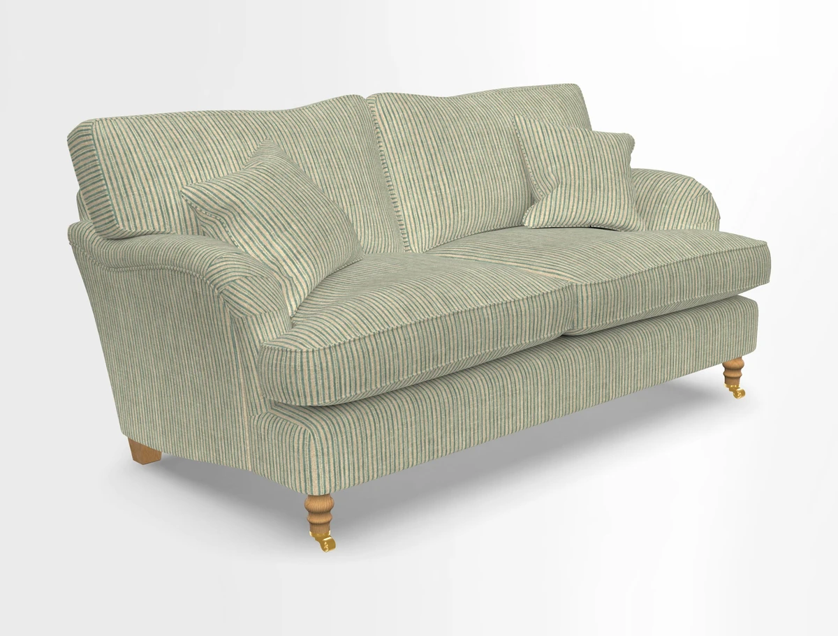 Alwinton 3 seater sofa in Ettas Stripe Moss with bolster cushion in Almost Plain Velvet Harvest
