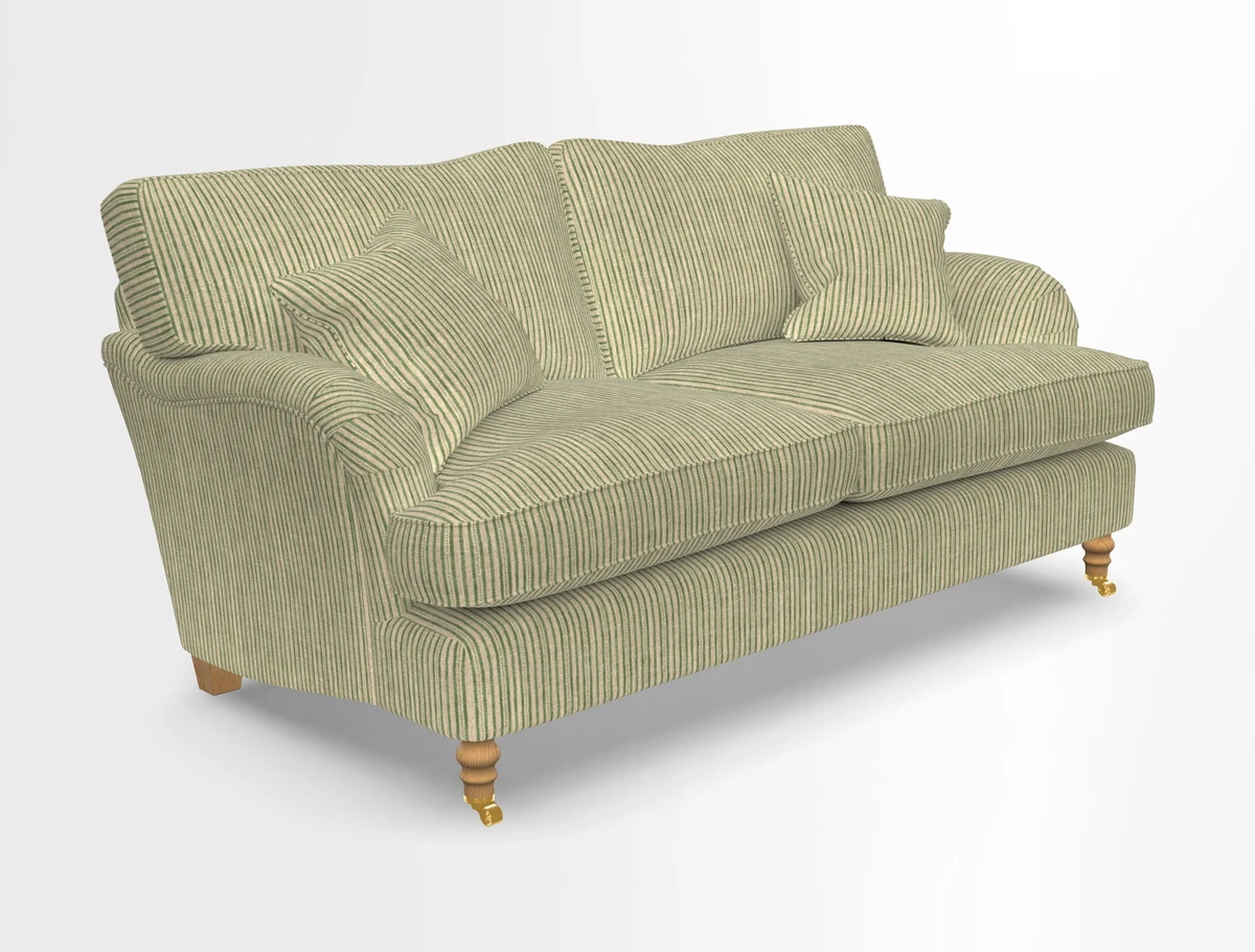 Alwinton 3 seater sofa in Ettas Stripe Moss with bolster cushion in Almost Plain Velvet Harvest