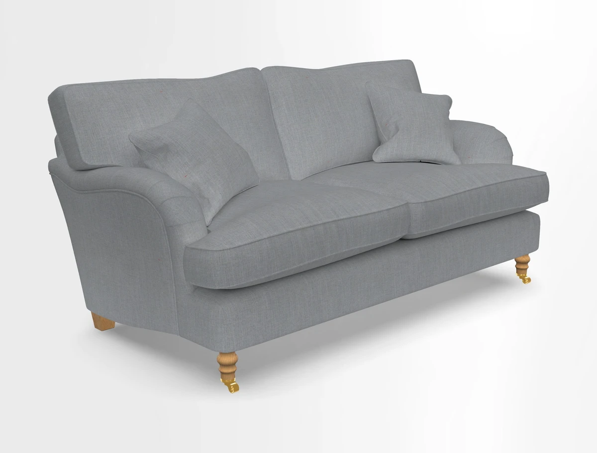 Alwinton 3 seater sofa in Ettas Stripe Moss with bolster cushion in Almost Plain Velvet Harvest