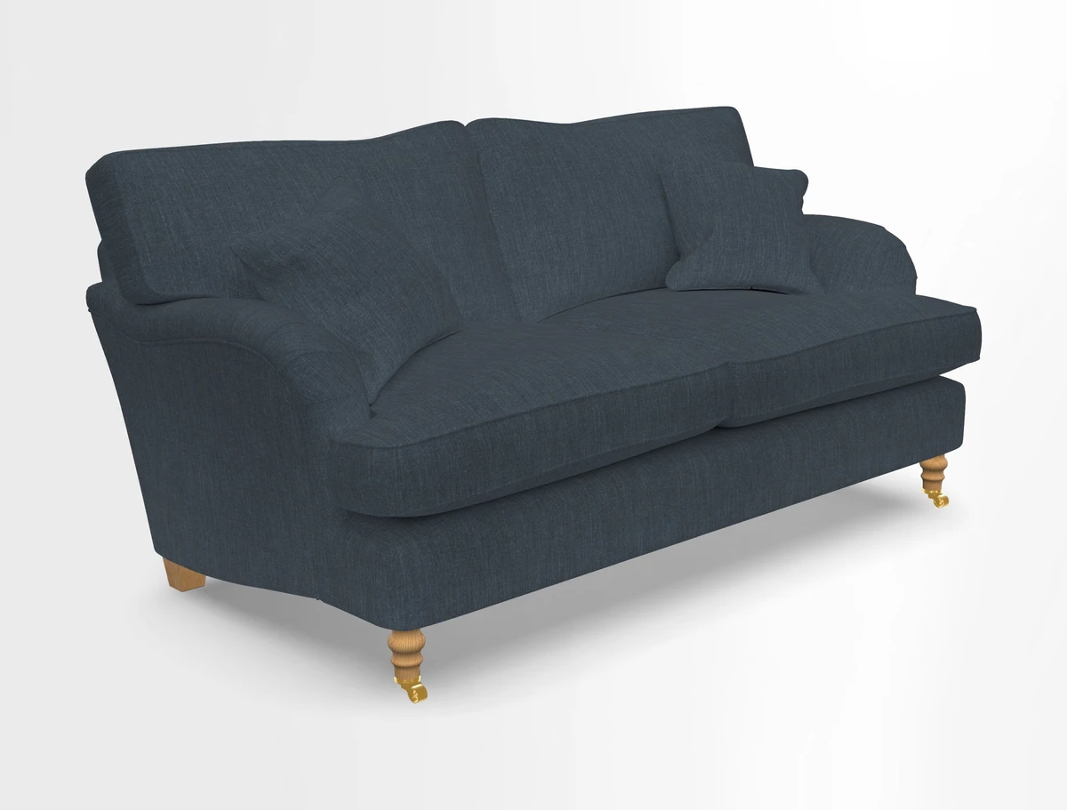 Alwinton 3 seater sofa in Ettas Stripe Moss with bolster cushion in Almost Plain Velvet Harvest