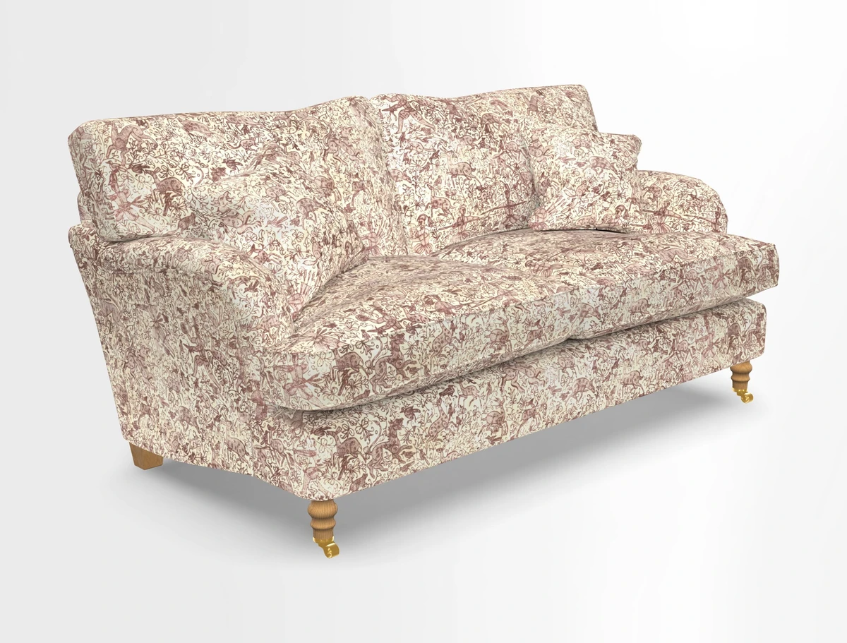 Alwinton 3 seater sofa in Ettas Stripe Moss with bolster cushion in Almost Plain Velvet Harvest