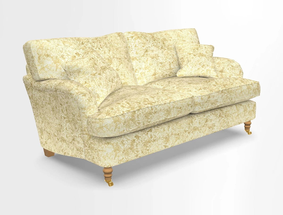 Alwinton 3 seater sofa in Ettas Stripe Moss with bolster cushion in Almost Plain Velvet Harvest