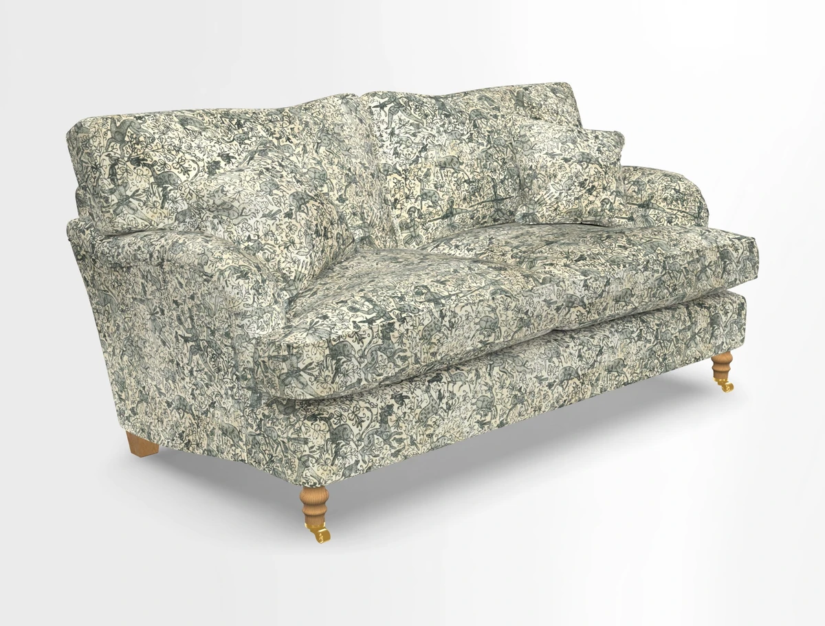Alwinton 3 seater sofa in Ettas Stripe Moss with bolster cushion in Almost Plain Velvet Harvest