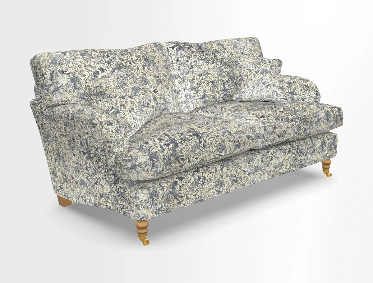 Alwinton 3 seater sofa in Ettas Stripe Moss with bolster cushion in Almost Plain Velvet Harvest