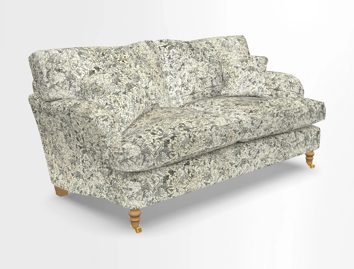 Alwinton 3 seater sofa in Ettas Stripe Moss with bolster cushion in Almost Plain Velvet Harvest