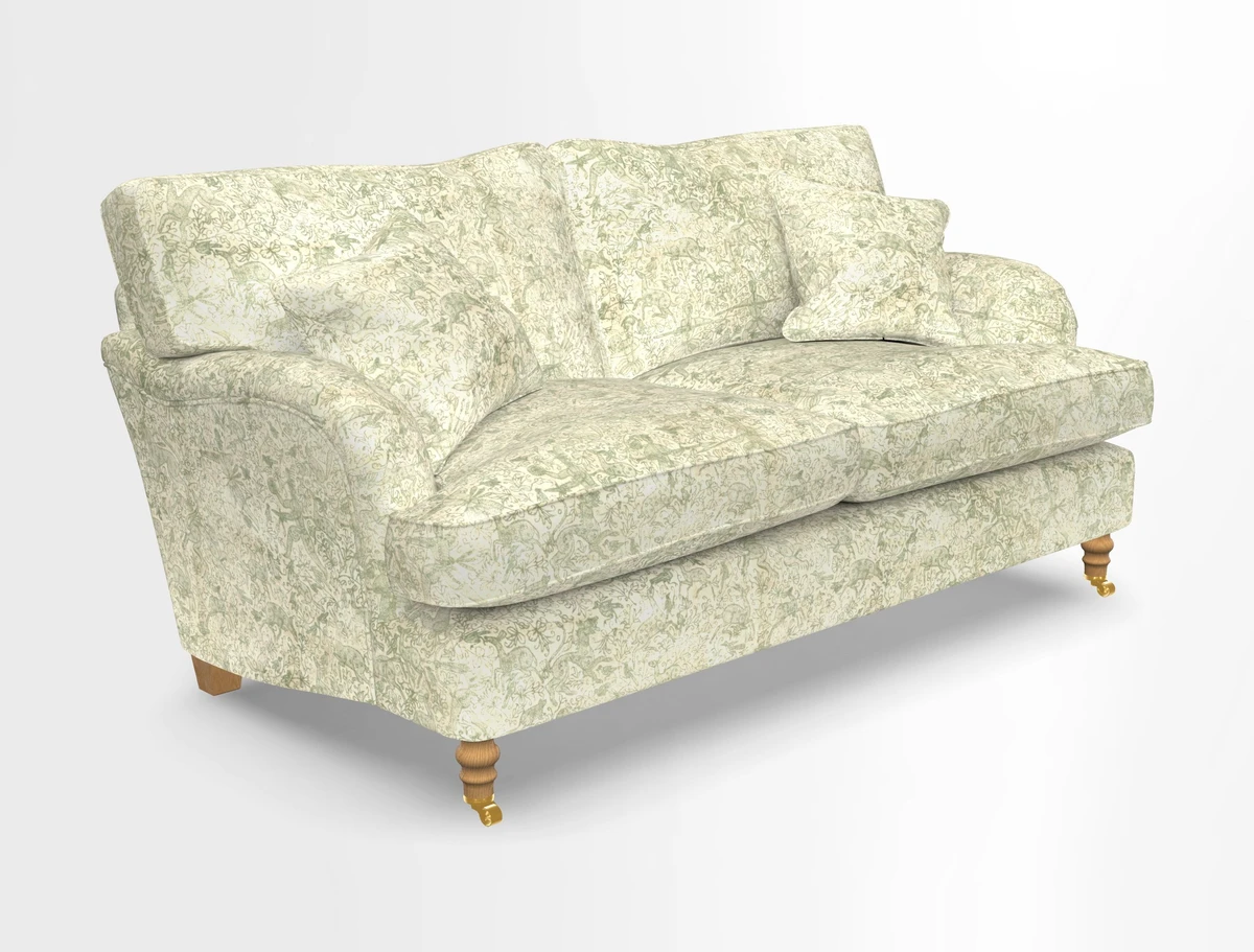 Alwinton 3 seater sofa in Ettas Stripe Moss with bolster cushion in Almost Plain Velvet Harvest