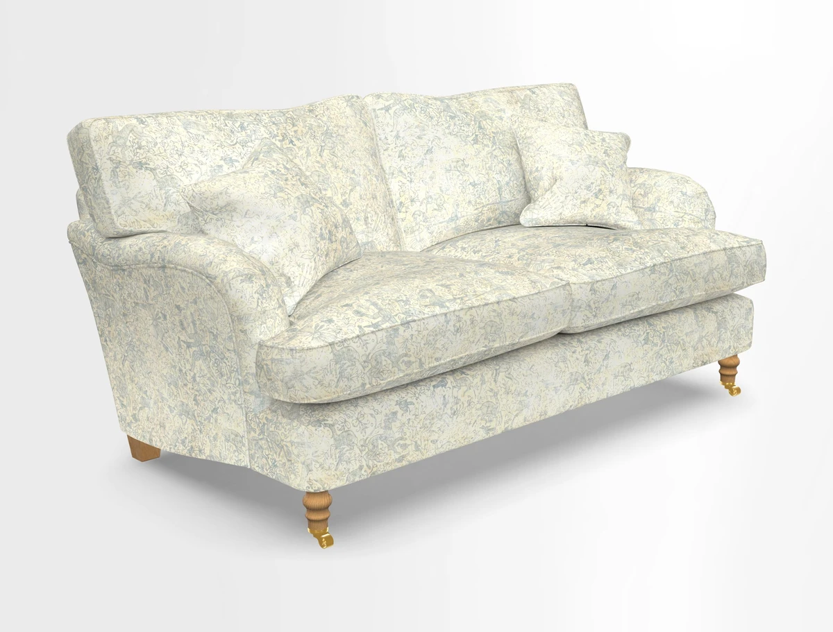 Alwinton 3 seater sofa in Ettas Stripe Moss with bolster cushion in Almost Plain Velvet Harvest