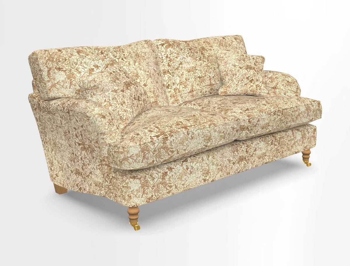 Alwinton 3 seater sofa in Ettas Stripe Moss with bolster cushion in Almost Plain Velvet Harvest