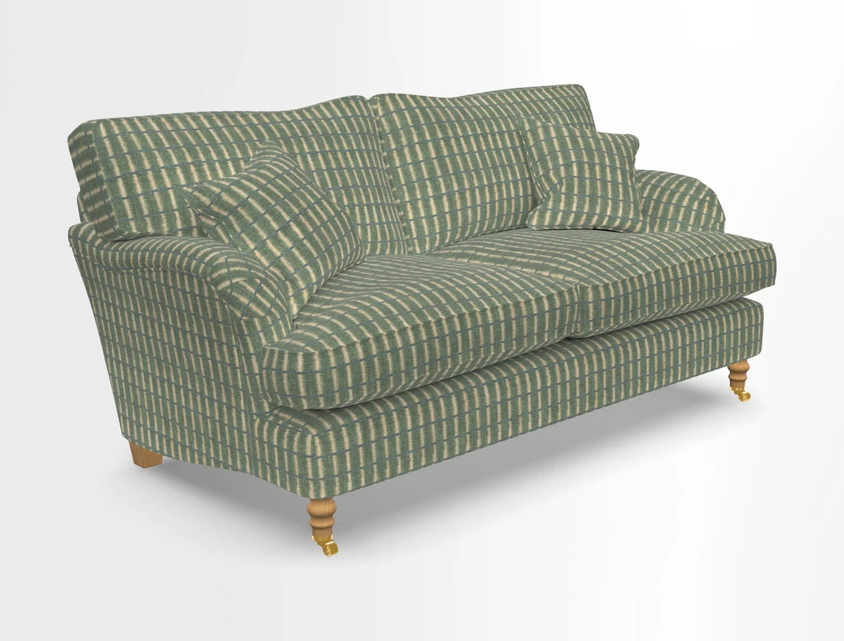 Alwinton 3 seater sofa in Ettas Stripe Moss with bolster cushion in Almost Plain Velvet Harvest