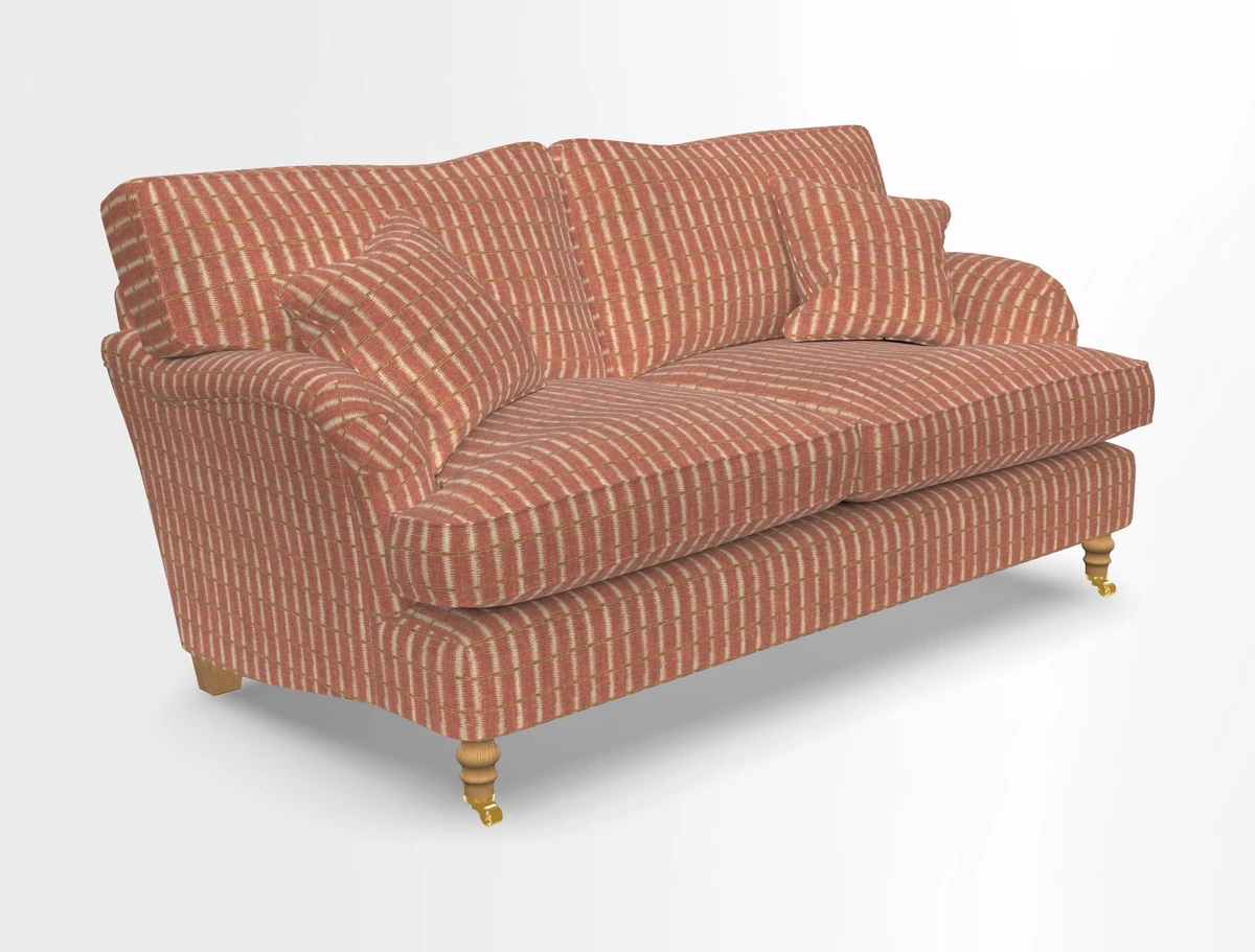 Alwinton 3 seater sofa in Ettas Stripe Moss with bolster cushion in Almost Plain Velvet Harvest