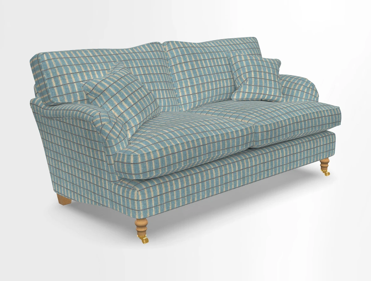 Alwinton 3 seater sofa in Ettas Stripe Moss with bolster cushion in Almost Plain Velvet Harvest
