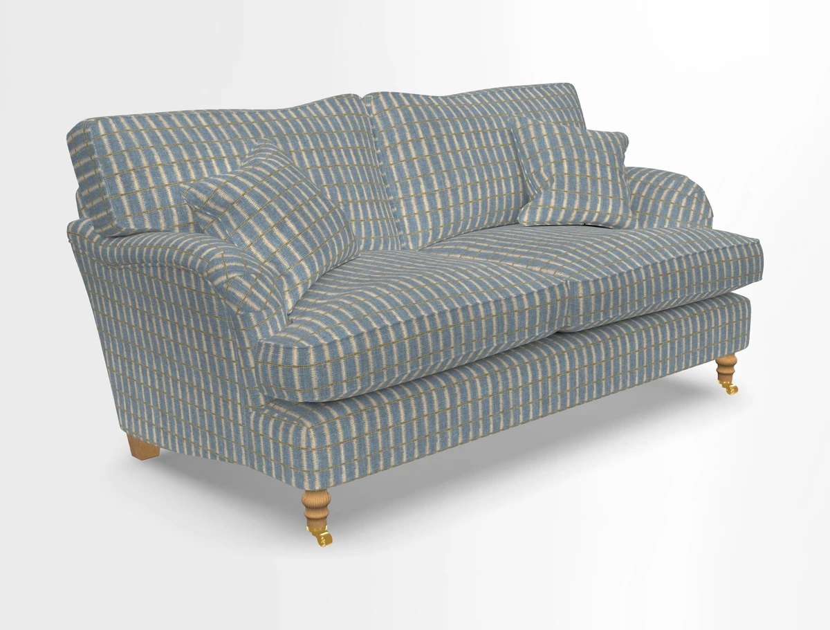 Alwinton 3 seater sofa in Ettas Stripe Moss with bolster cushion in Almost Plain Velvet Harvest
