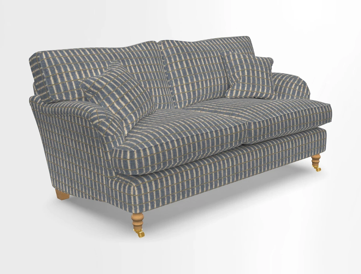 Alwinton 3 seater sofa in Ettas Stripe Moss with bolster cushion in Almost Plain Velvet Harvest
