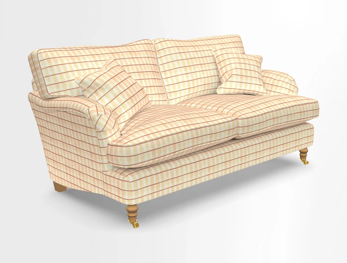 Alwinton 3 seater sofa in Ettas Stripe Moss with bolster cushion in Almost Plain Velvet Harvest