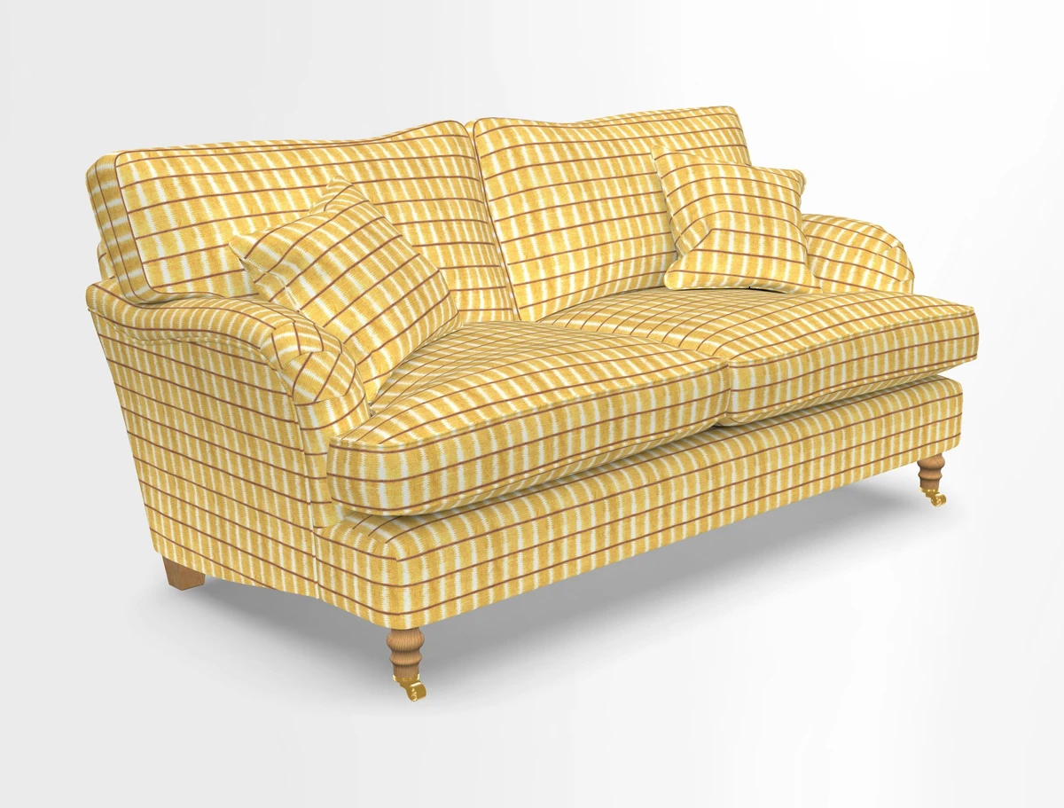 Alwinton 3 seater sofa in Ettas Stripe Moss with bolster cushion in Almost Plain Velvet Harvest