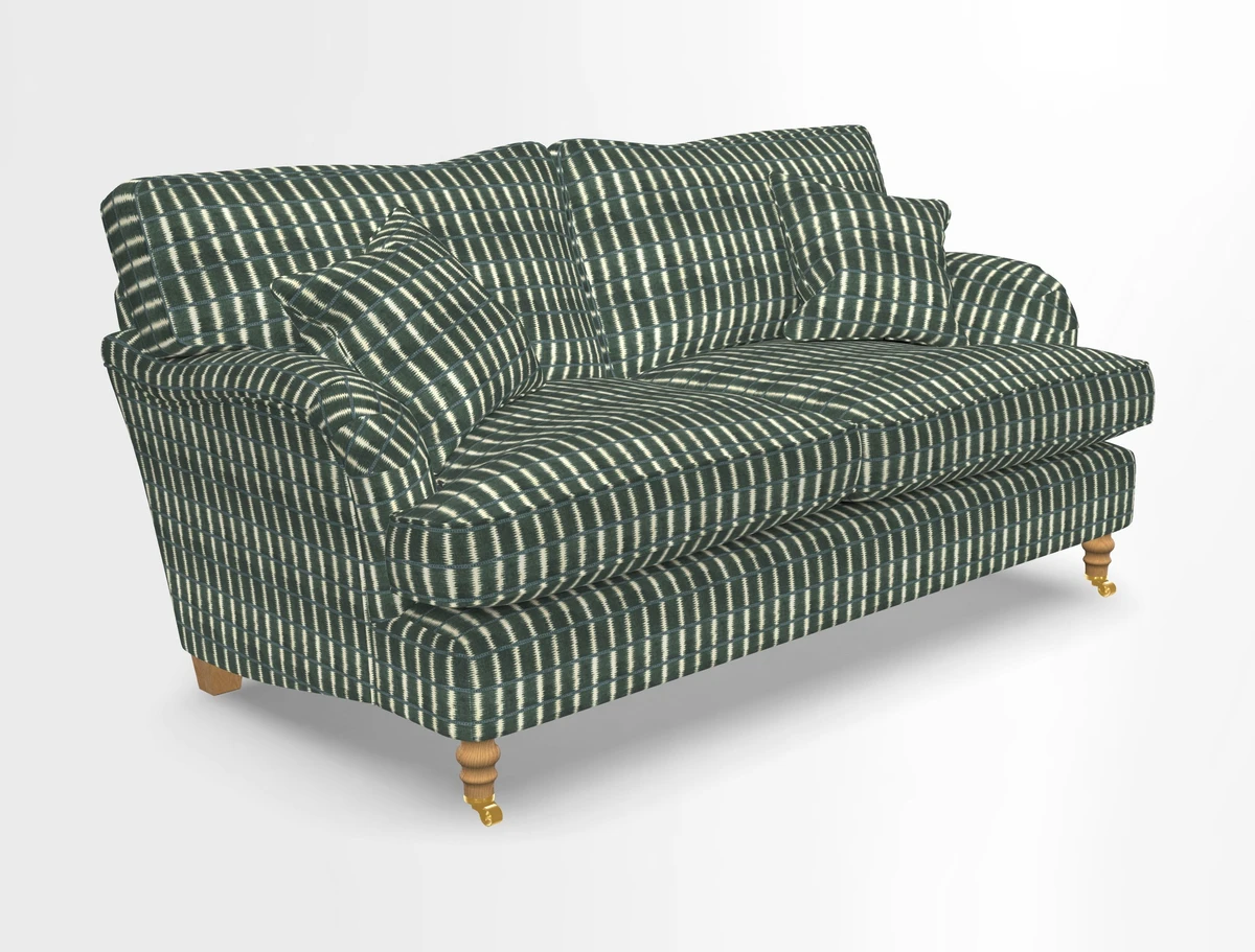 Alwinton 3 seater sofa in Ettas Stripe Moss with bolster cushion in Almost Plain Velvet Harvest