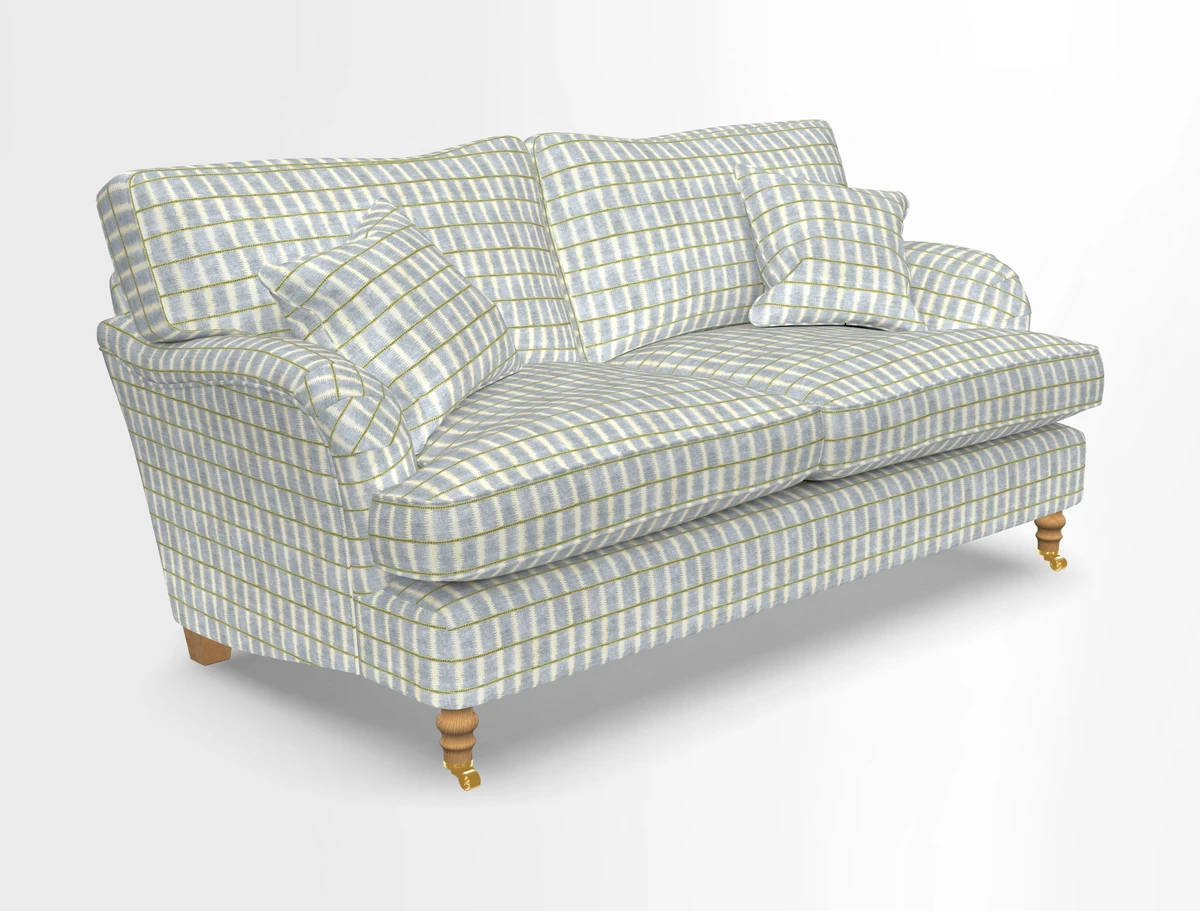 Alwinton 3 seater sofa in Ettas Stripe Moss with bolster cushion in Almost Plain Velvet Harvest