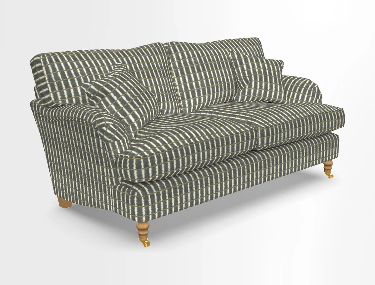 Alwinton 3 seater sofa in Ettas Stripe Moss with bolster cushion in Almost Plain Velvet Harvest