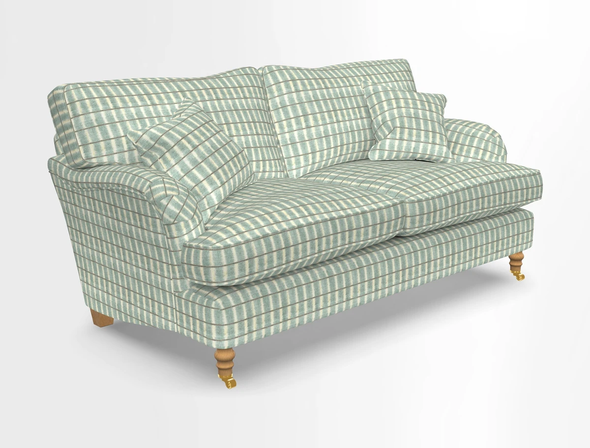 Alwinton 3 seater sofa in Ettas Stripe Moss with bolster cushion in Almost Plain Velvet Harvest
