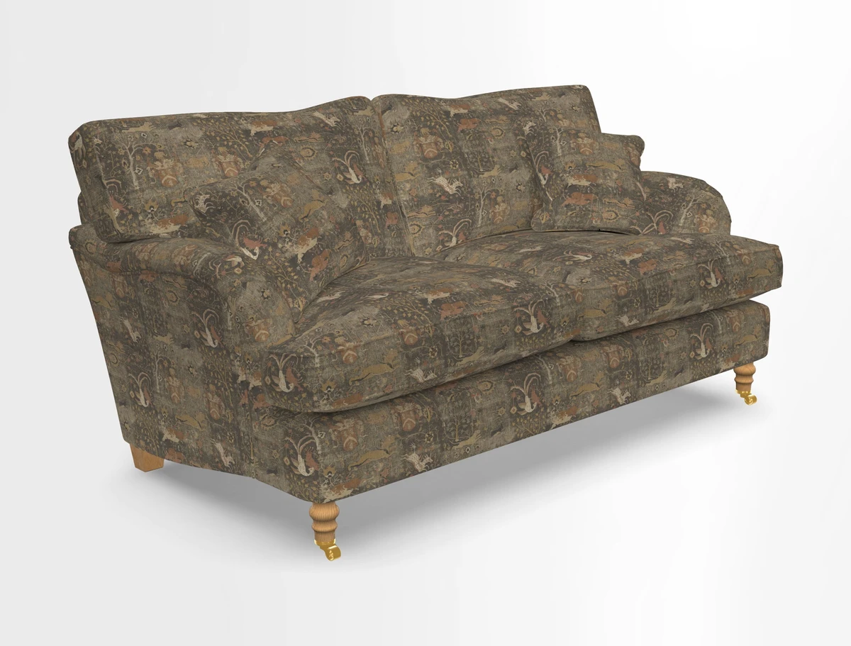 Alwinton 3 seater sofa in Ettas Stripe Moss with bolster cushion in Almost Plain Velvet Harvest