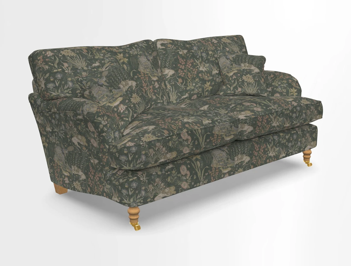 Alwinton 3 seater sofa in Ettas Stripe Moss with bolster cushion in Almost Plain Velvet Harvest