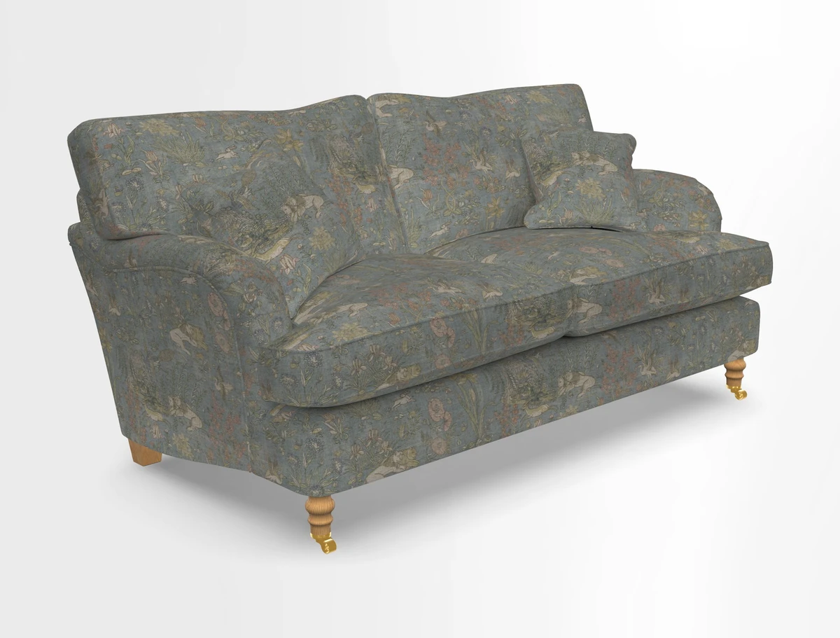 Alwinton 3 seater sofa in Ettas Stripe Moss with bolster cushion in Almost Plain Velvet Harvest