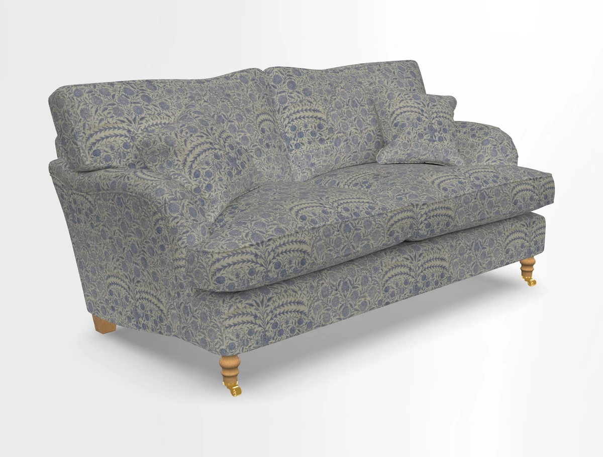 Alwinton 3 seater sofa in Ettas Stripe Moss with bolster cushion in Almost Plain Velvet Harvest