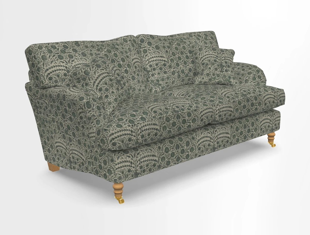 Alwinton 3 seater sofa in Ettas Stripe Moss with bolster cushion in Almost Plain Velvet Harvest