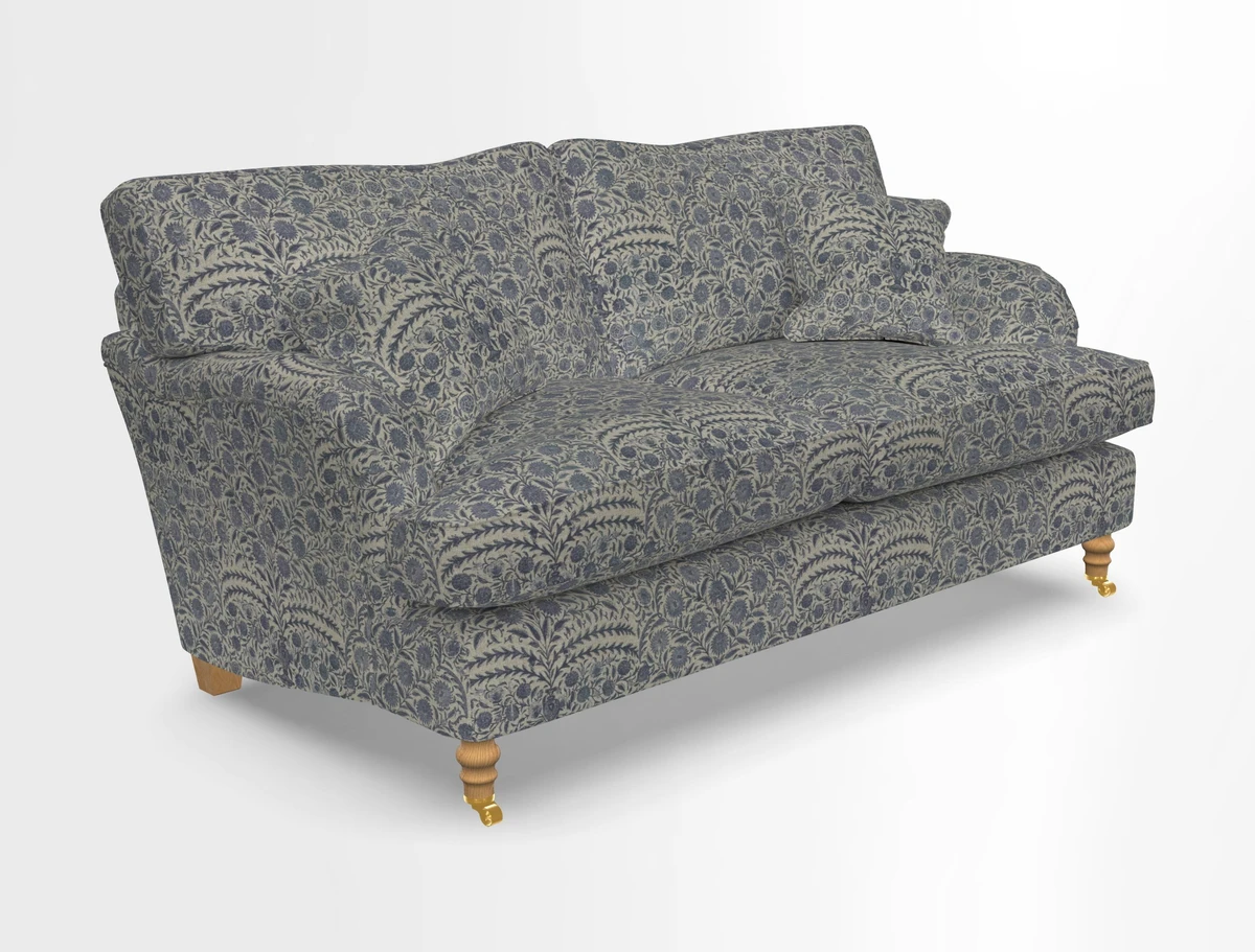 Alwinton 3 seater sofa in Ettas Stripe Moss with bolster cushion in Almost Plain Velvet Harvest