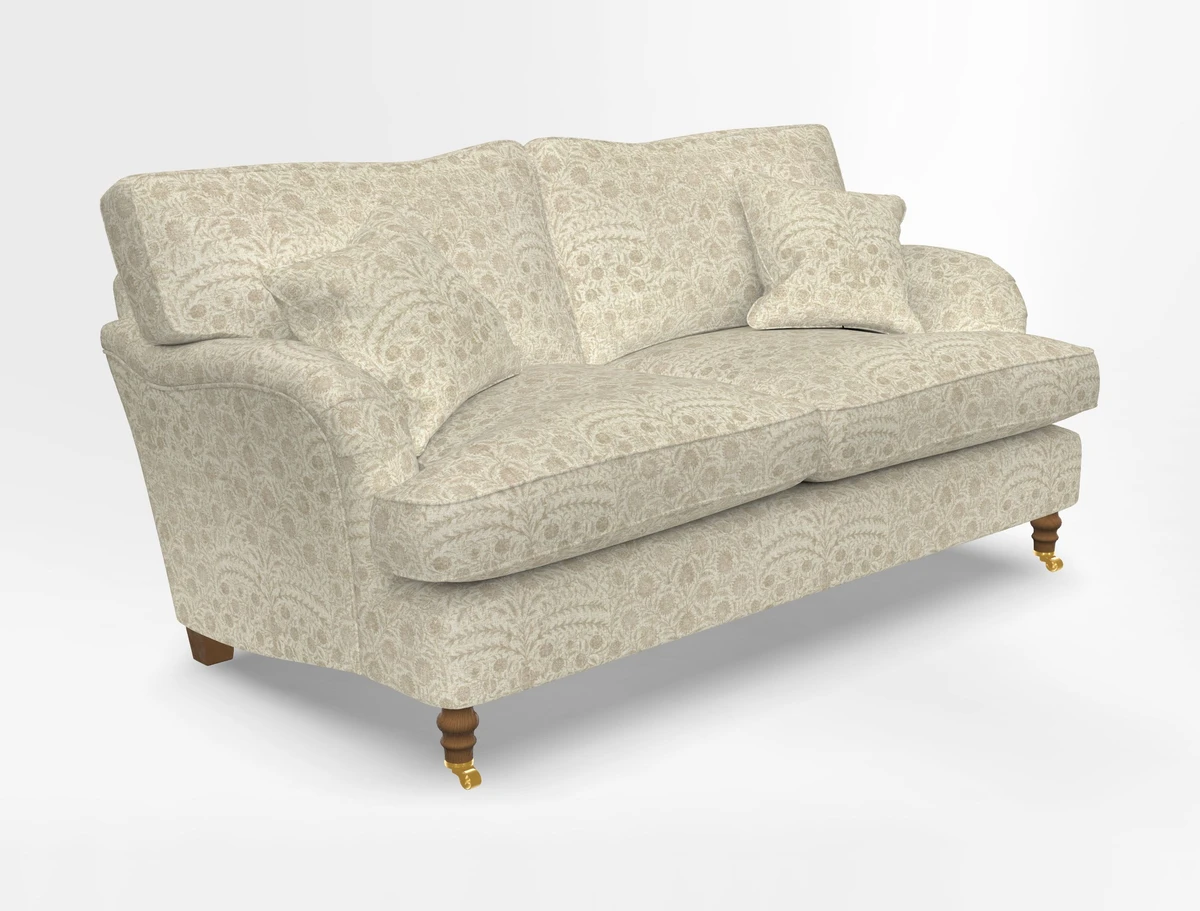 Alwinton 3 seater sofa in Ettas Stripe Moss with bolster cushion in Almost Plain Velvet Harvest