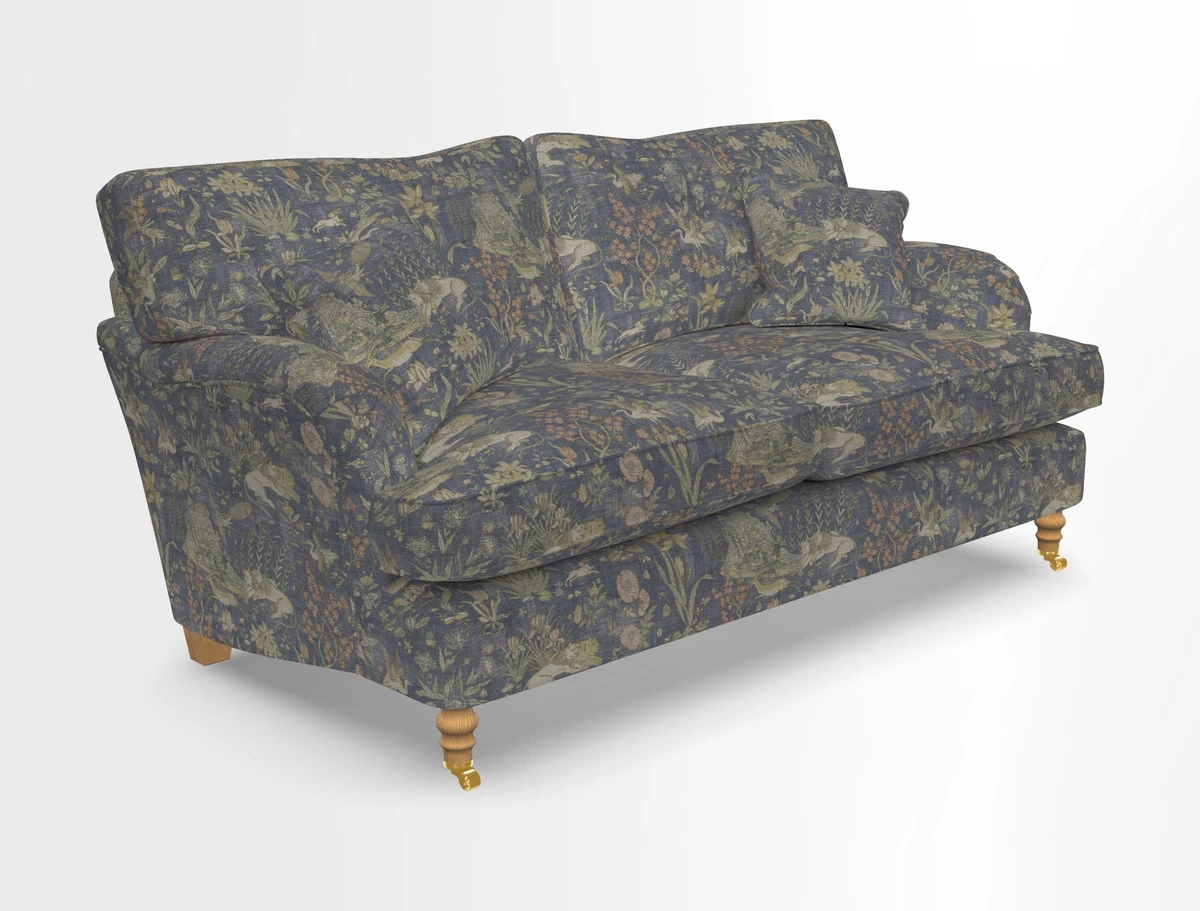 Alwinton 3 seater sofa in Ettas Stripe Moss with bolster cushion in Almost Plain Velvet Harvest