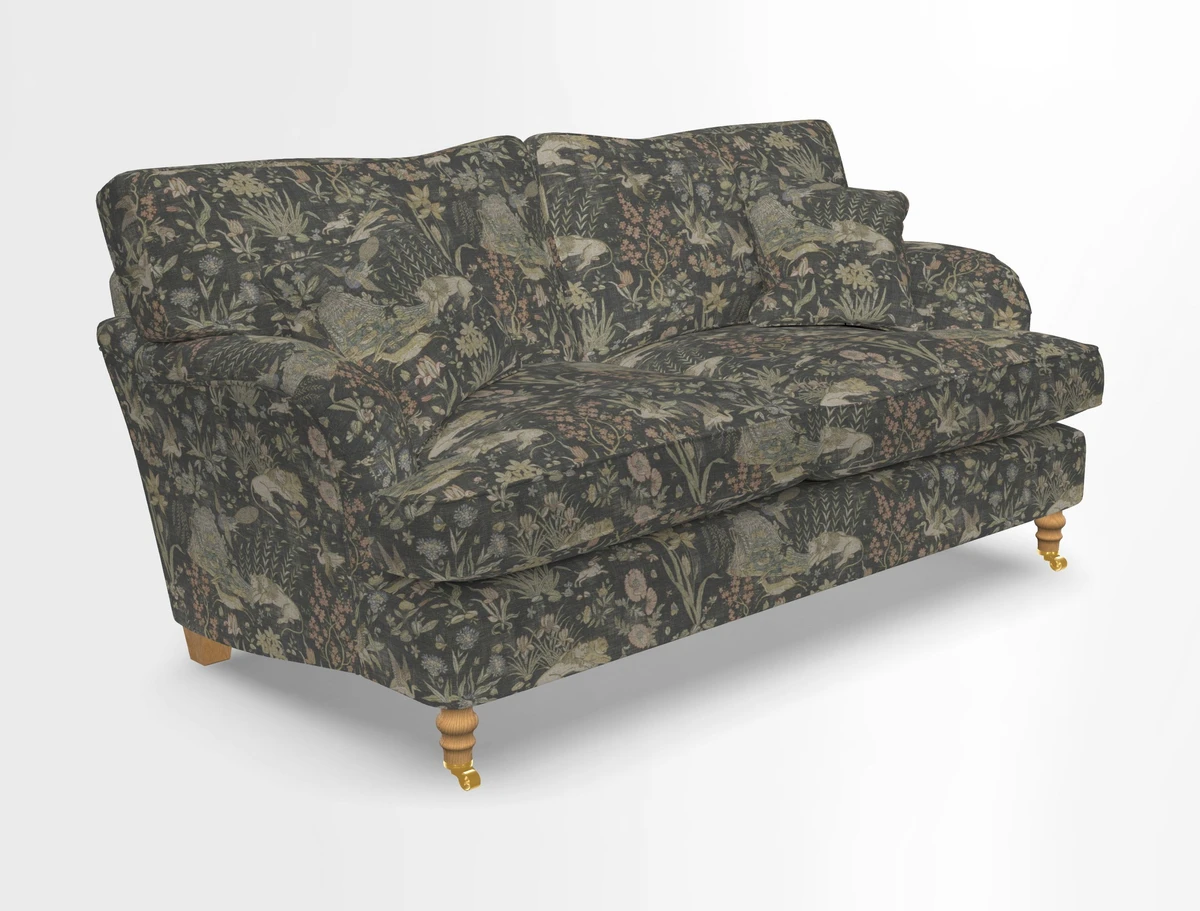 Alwinton 3 seater sofa in Ettas Stripe Moss with bolster cushion in Almost Plain Velvet Harvest