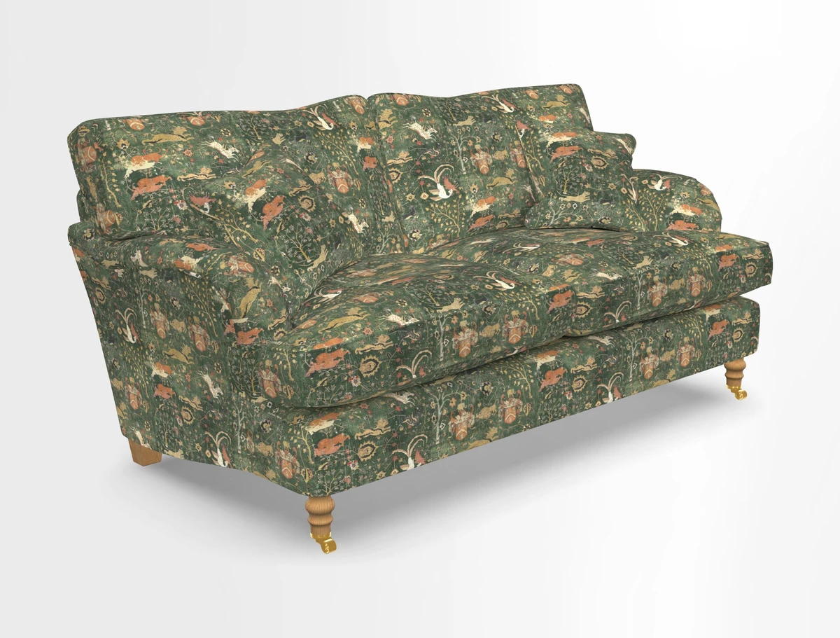 Alwinton 3 seater sofa in Ettas Stripe Moss with bolster cushion in Almost Plain Velvet Harvest