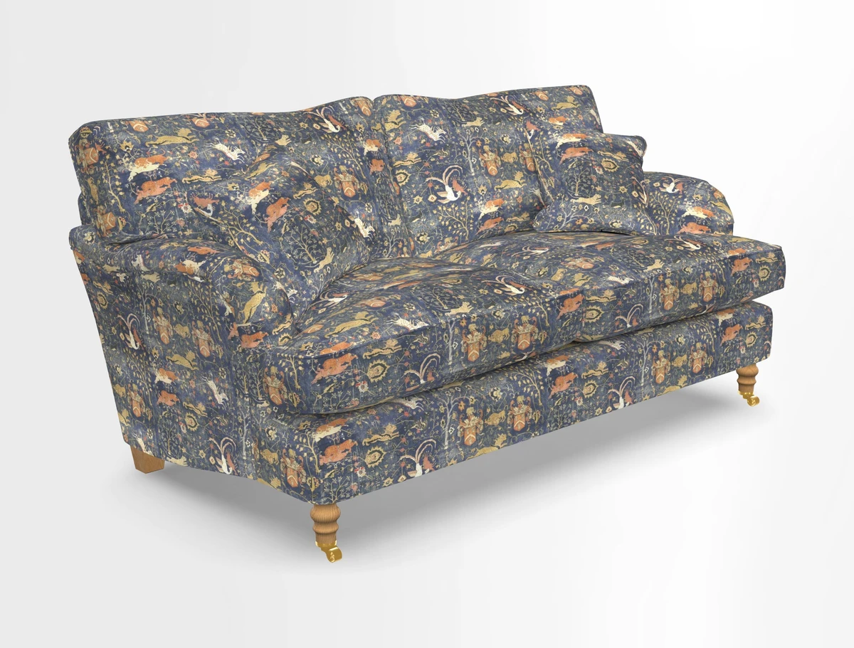 Alwinton 3 seater sofa in Ettas Stripe Moss with bolster cushion in Almost Plain Velvet Harvest