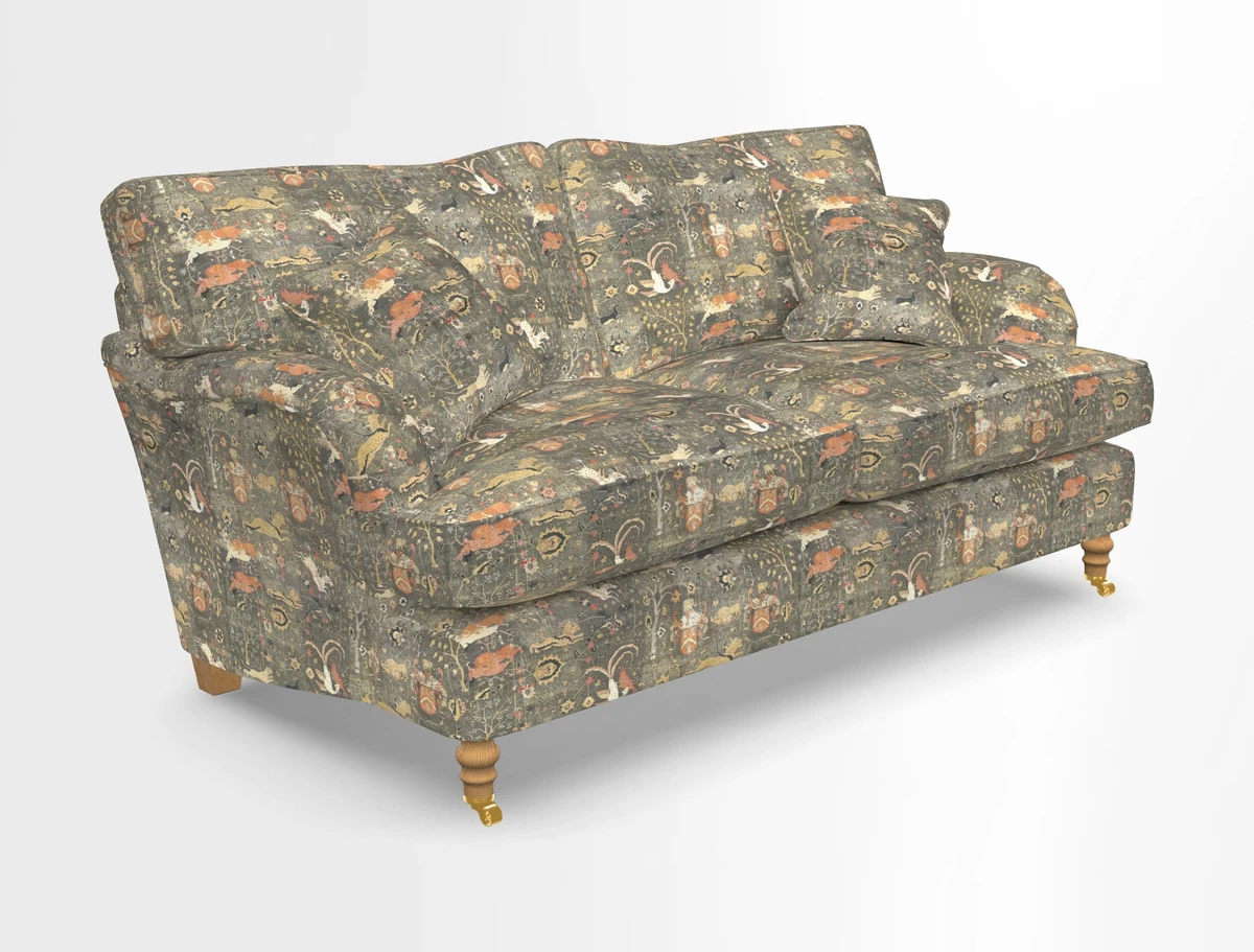 Alwinton 3 seater sofa in Ettas Stripe Moss with bolster cushion in Almost Plain Velvet Harvest