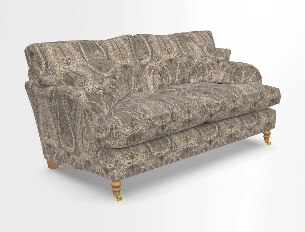 Alwinton 3 seater sofa in Ettas Stripe Moss with bolster cushion in Almost Plain Velvet Harvest