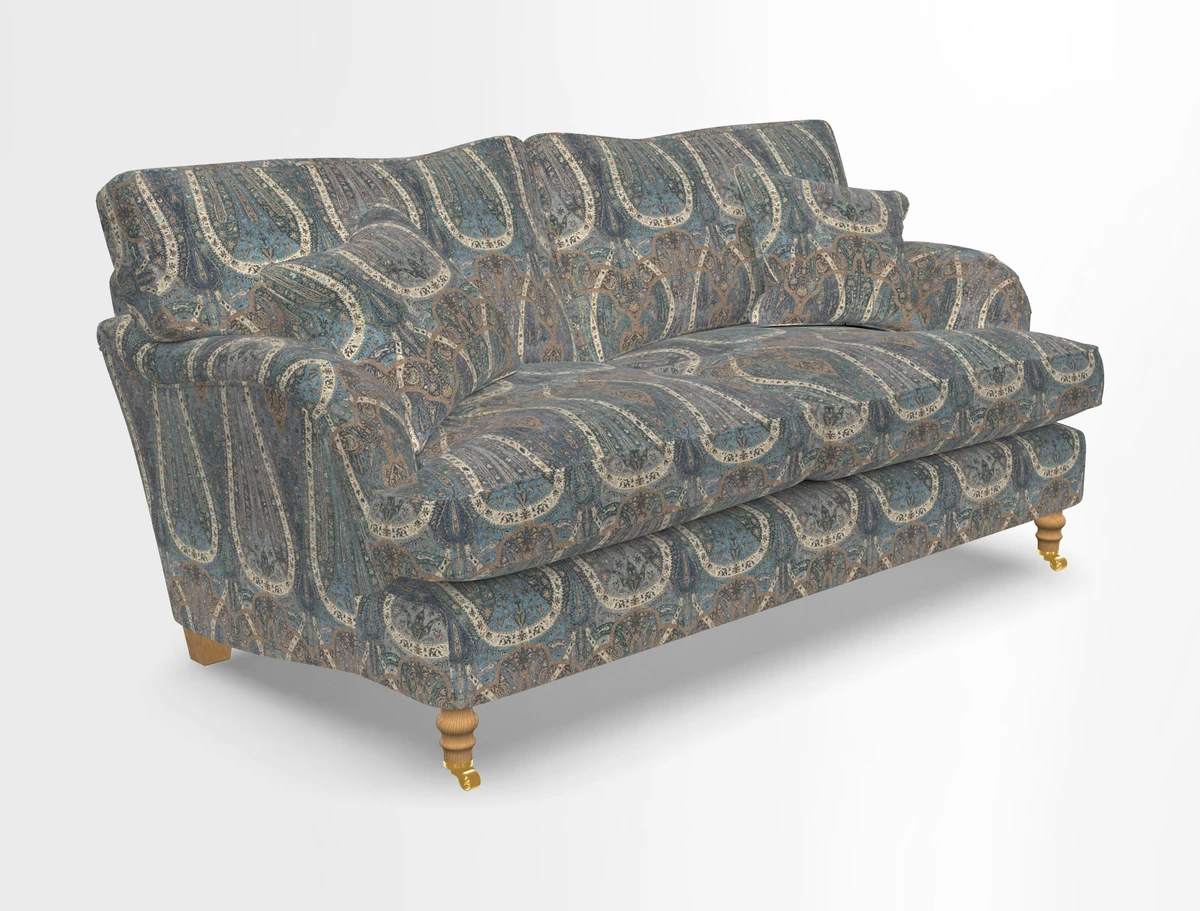 Alwinton 3 seater sofa in Ettas Stripe Moss with bolster cushion in Almost Plain Velvet Harvest