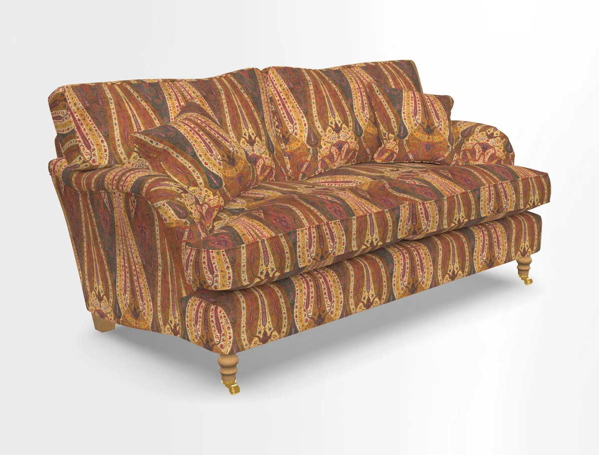 Alwinton 3 seater sofa in Ettas Stripe Moss with bolster cushion in Almost Plain Velvet Harvest